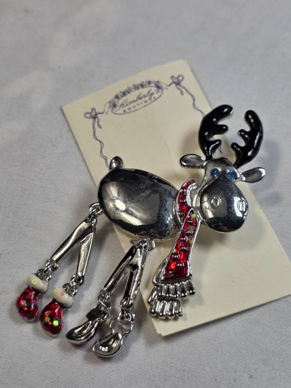 Christmas Moose Brooch Pin Articulated Dangling Legs Red Scarf Enamel
